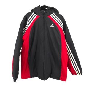 Adidas Black Red White Winter Coat Full Zip Vintage Y2K Hooded Jacket Youth XL